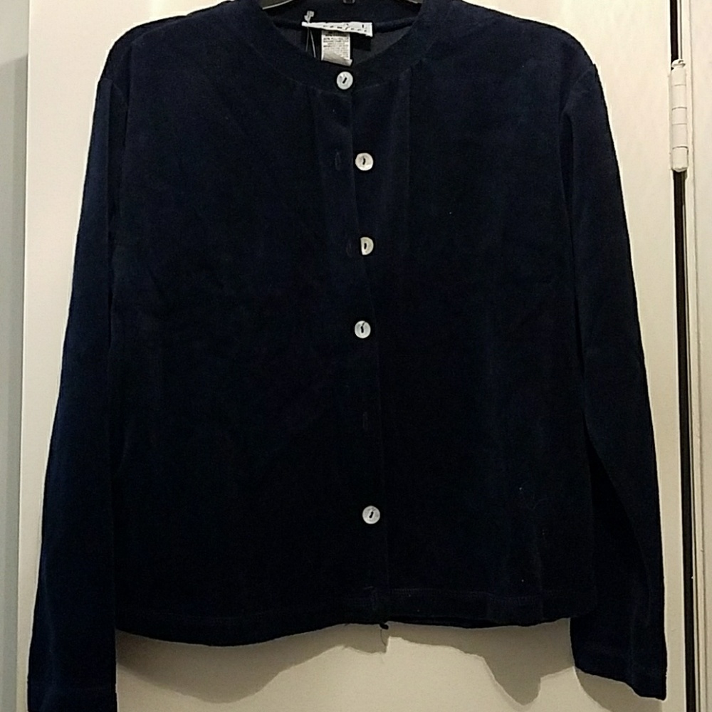 A button down blue jacket with opalescent buttons